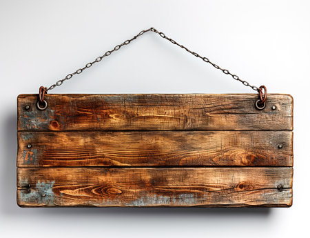 Isolated cutout Rustic Wooden Sign Hanging From a Rope.の素材