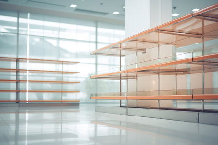 Empty glass shelves background in store, storage room or office.の素材