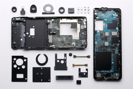 A smartphone disassembled into parts and the parts arranged on a white background.の素材