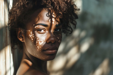Young girl close-up looking to the camera has vitiligo spots on her face.の素材