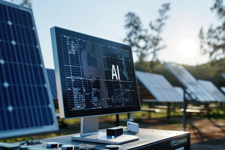 Text AI displayed on computer control panel screen, many solar panels in the background.の素材