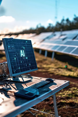 Text AI displayed on computer control panel screen, many solar panels in the background.の素材