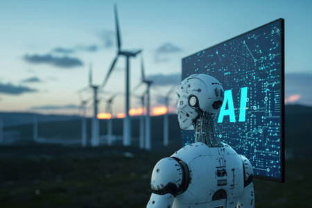 AI robot standing in front of a computer screen, many wind generators in the background.の素材
