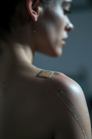 Woman with futuristic nanotech chip implant on shoulder in hospital. Human-technology synergy symbolizing healthcare innovation.の素材