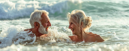 Seniors on summer vacation on the sea.Old elderly couple having fun between waves in the water. Boat on the background.の素材