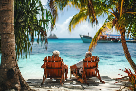 Seniors on summer vacation on the sea.Old elderly people sit in wooden shezlong and watch the sea. Back side view. Exotic plants.の素材
