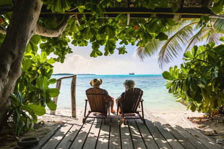 Seniors on summer vacation on the sea.Old elderly people sit in wooden shezlong and watch the sea. Back side view. Exotic plants.の素材