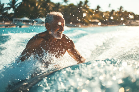 Close-up Senior man with white hair swimming at a resort.の素材