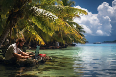 A man sitting on a rock in water with a laptop. Exotic island.A lone man sits atop a rock in the tranquil waters of a tropical lake, the sun peeking through the clouds aboveの素材