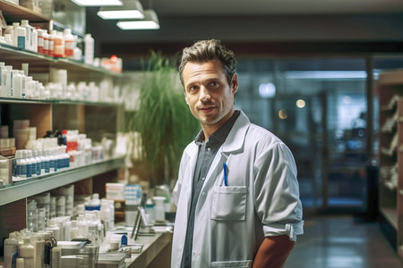 Man standing in front of a pharmacy counter.の素材