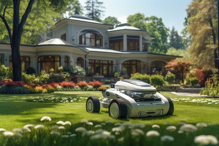 A lawn mower in front of a large house.の素材