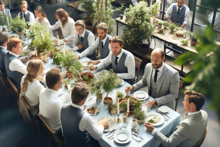 A group of people sitting around a table with plates of food.の素材