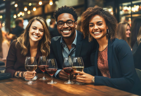 Happy young man and two women sitting at a table with glasses of wine. Celebrating friend together.の素材
