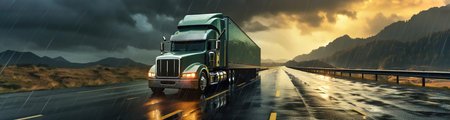Semi truck driving down a rain soaked road. Transportation in rainy day. Panoramic image.の素材