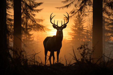 A deer standing in the middle of a forest at sunset. Deer silhouette.の素材
