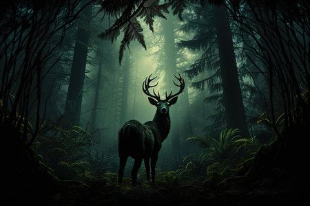 A deer standing in the middle of a forest. Deer silhouette. Green tones.の素材