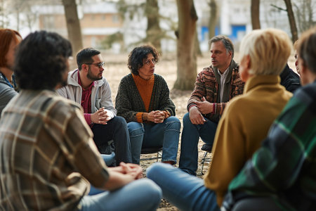 A large group of anonymous alcoholics and drug addicts standing in a circle and discussing in a park.の素材