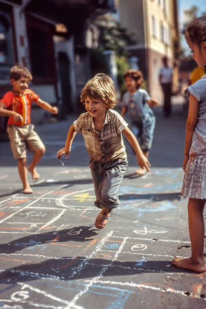 Children playing in the street in the 1980s. Chalk drawn games on the road. Neighborhood games.の素材
