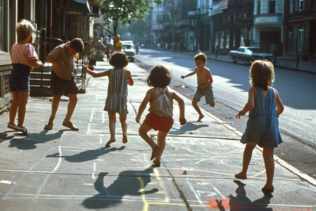 Children playing in the street in the 1960s and 1970s. Chalk drawn games on the road. Neighborhood games.の素材