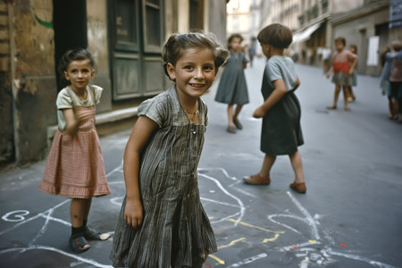 Children playing in the street in the 1920s and 1930s at the turn of the century. Chalk drawn games on the road. Neighborhood games.の素材