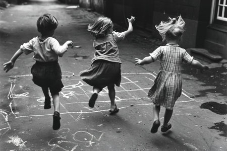 Children playing in the street in the 1940s and 1950s. Chalk drawn games on the road. Neighborhood games.の素材
