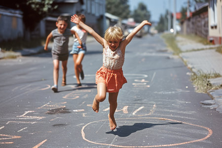 Children playing in the street in the 1960s and 1970s. Chalk drawn games on the road. Neighborhood games.の素材