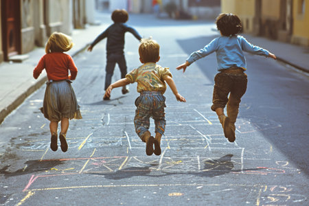 Children playing in the street in the 1960s and 1970s. Chalk drawn games on the road. Neighborhood games.の素材