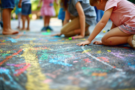 Children draw with chalk on the asphalt.の素材