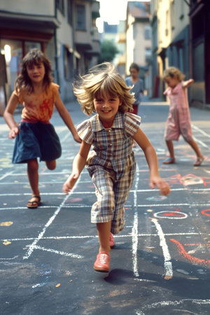 Children playing in the street in the 1980s. Chalk drawn games on the road. Neighborhood games.の素材