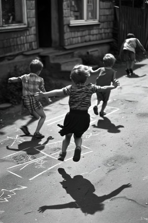 Children playing in the street in the 1940s and 1950s. Chalk drawn games on the road. Neighborhood games.の素材