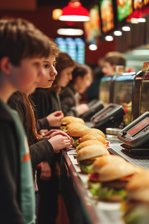 Children buy burgers at a fast food restaurant.の素材