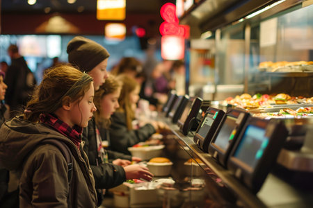 Children buy burgers at a fast food restaurant.の素材