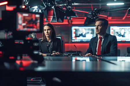 Man and woman TV presenters anchor the news in a television news studio.の素材