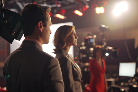 Man and woman TV presenters anchor the news in a television news studio.の素材