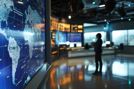 TV studio with large monitors, backdrops and interior from a TV studio.の素材