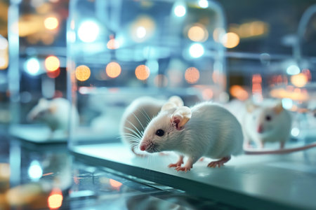 White mice in a medical scientific research laboratory. Laboratory experiments with animals.の素材