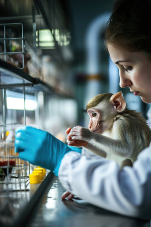A scientist conducts medical experiments on monkeys. Laboratory experiments with animals.の素材