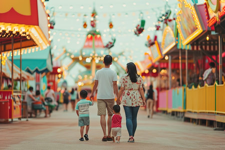 A family with children are walking in an amusement park.の素材