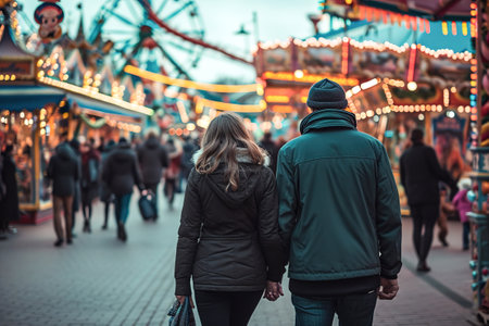A couple in love is walking in an amusement park.の素材