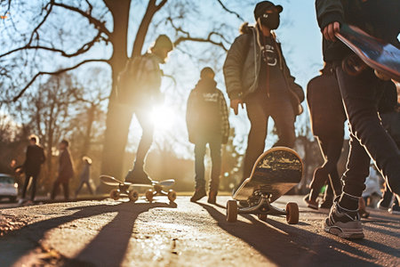 Teenagers are having fun,  walking and talking in the park or in the school yard. Some have skateboards or rollerblades.の素材