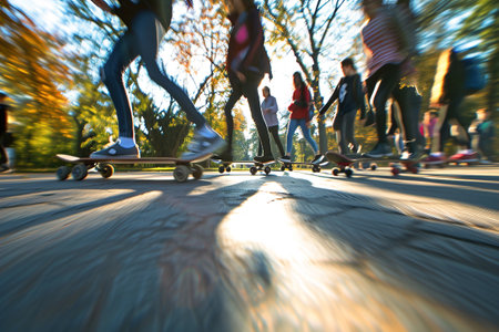 Teenagers are having fun,  walking and talking in the park or in the school yard. Some have skateboards or rollerblades.の素材