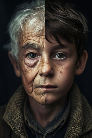 A male face split in two, one of a young boy, the other of an elderly 80-year-old man. The same person aged and young.の素材