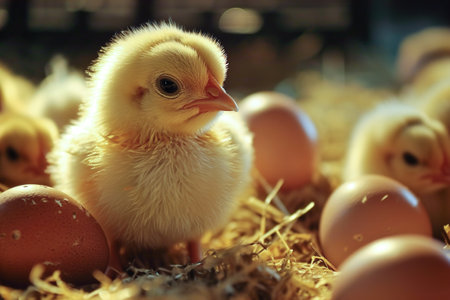 Newly hatched baby chicks in a farm.の素材