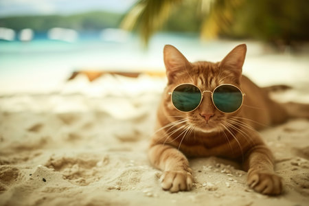 A comical moment of a funny looking cat wearing sunglasses lying on the beach.の素材