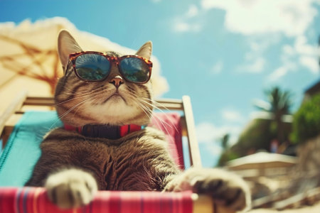 A comical moment of a funny looking cat wearing sunglasses lying on a sun lounger on the beach.の素材
