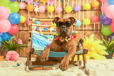 A comical moment of a funny looking dog wearing sunglasses lying on a sun lounger on the beach.の素材