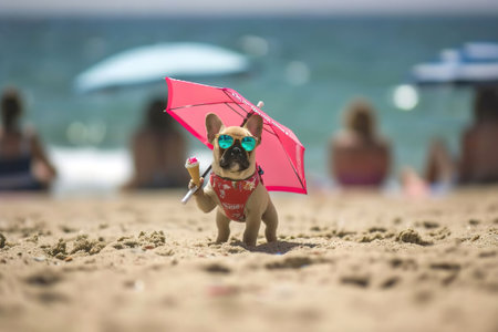 A comical moment of a funny looking dog wearing sunglasses eating ice cream under beach umbrella.の素材