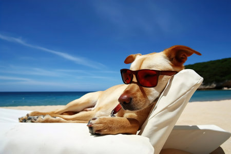 A comical moment of a funny looking dog wearing sunglasses lying on a sun lounger on the beach.の素材