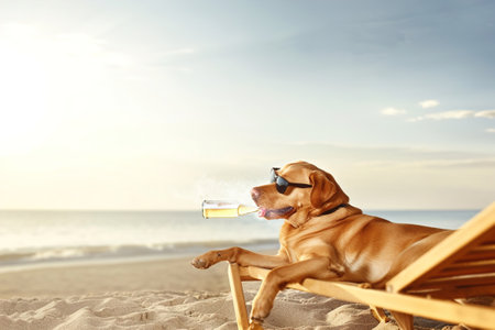 A comical moment of a funny looking dog wearing sunglasses lying on a sun lounger on the beach and drinking beer.の素材