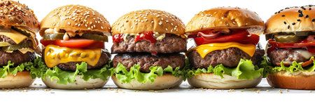 Burgers arranged in a line isolated on white background.の素材